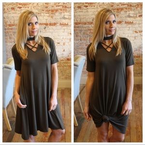 Olive short sleeve X neck/ choker style dress